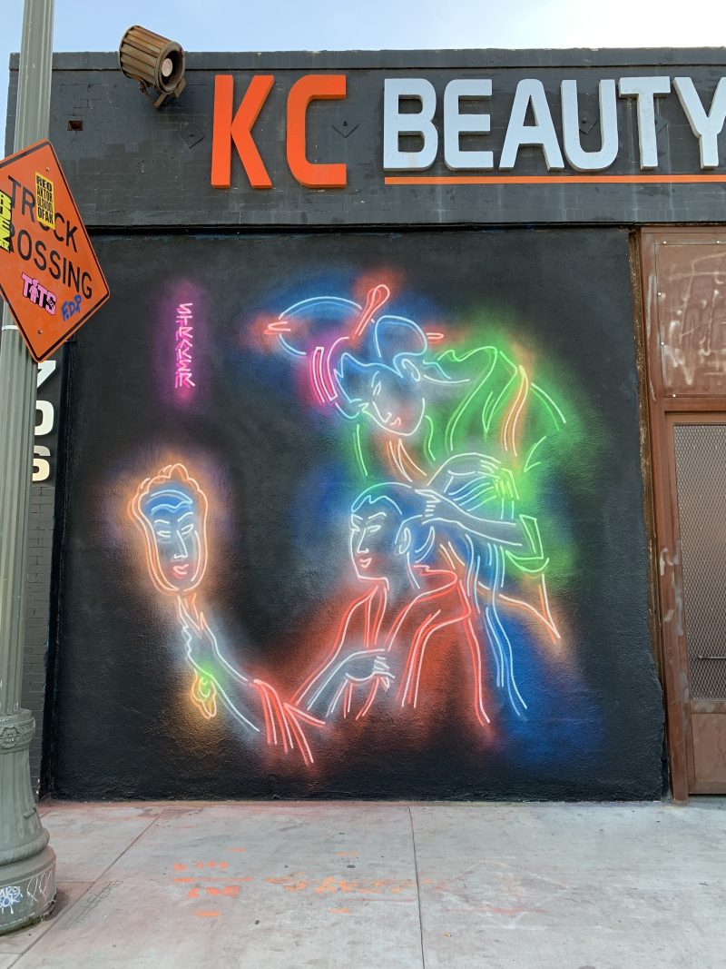 Neon-style mural on the KC Beauty Academy building in Downtown Los Angeles